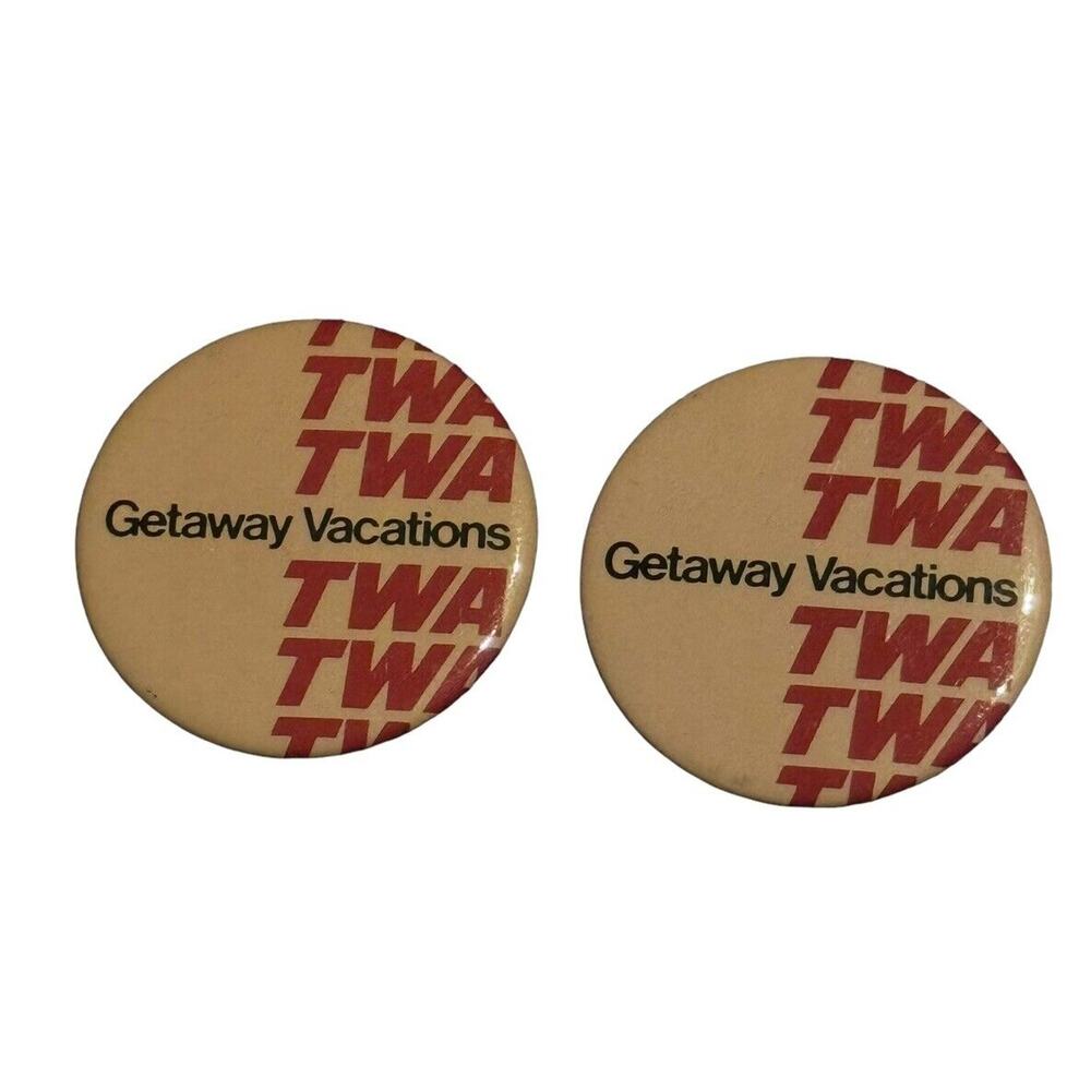 TWA Getaway Vacations Trans‎ World Airlines VTG Pinback Button Pins (2) Airplane